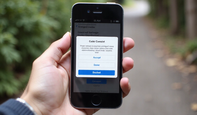 A hand holding a smartphone with a cookie consent pop-up on the screen, showing options to accept or decline, symbolizing user control over cookie preferences.