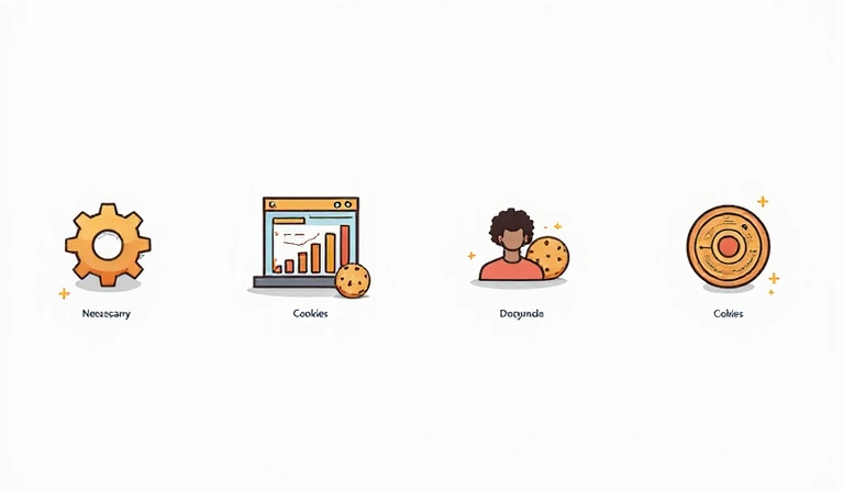 Digital illustration of various cookie icons representing different types: a gear for necessary, a bar chart for analytics, a user profile for functionality, and a target for advertising. Each icon is distinct and modern.