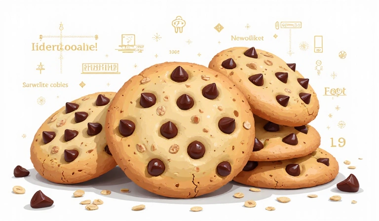 Illustration of various types of cookies, such as chocolate chip, oatmeal, and sugar cookies, to visually represent website cookies in a friendly manner.
