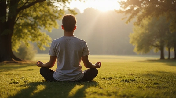 Image of a person meditating peacefully outdoors