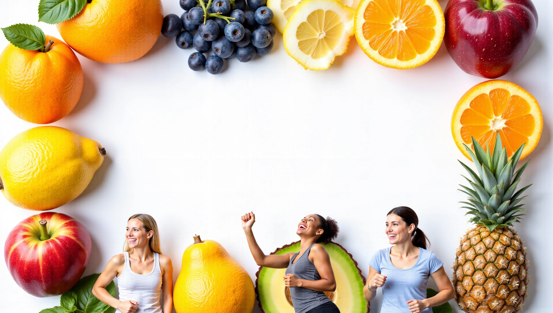 Vibrant fruits and active, diverse, happy people enjoying a healthy lifestyle
