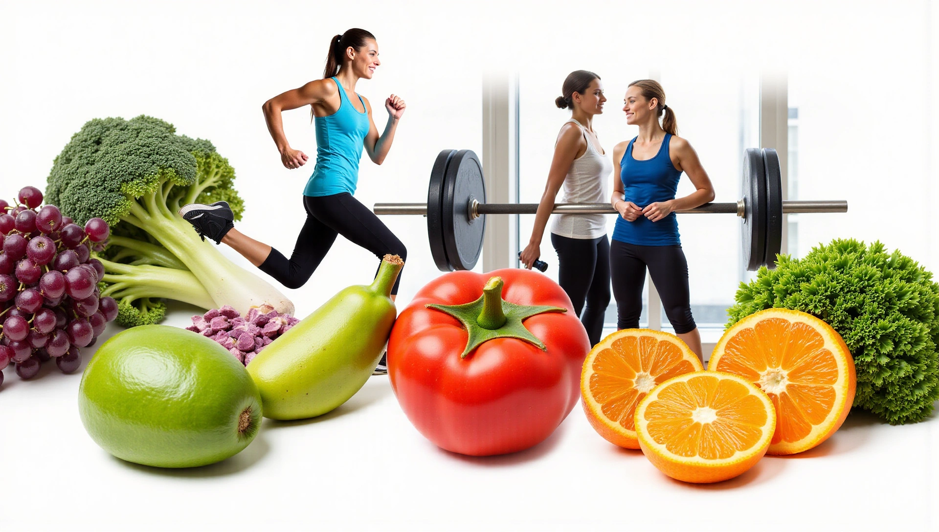 Dynamic collage of healthy people exercising and eating fruits