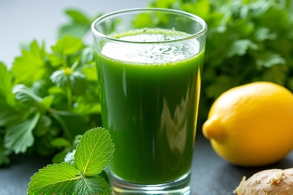 Vibrant green juice and fresh herbs