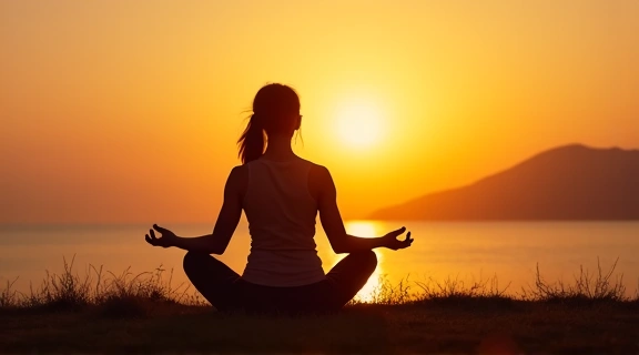 A person stretching and meditating in a serene outdoor setting, representing stress reduction and physical activity.