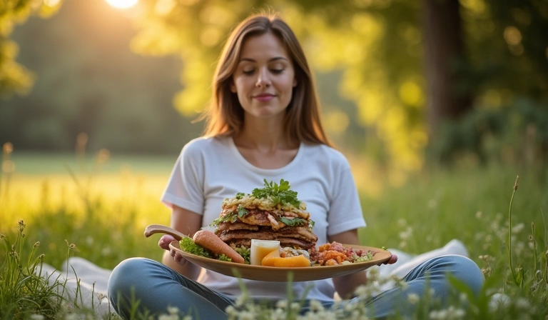 A person enjoying a healthy meal outdoors, demonstrating a peaceful and mindful eating experience in nature.