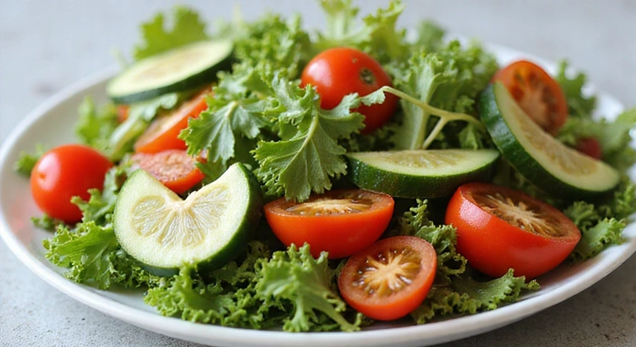 A vibrant, colorful salad with various fresh ingredients, emphasizing healthy and appealing food choices.