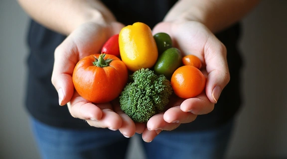 Hands holding a variety of colorful vegetables, symbolizing healthy and diverse nutrition.