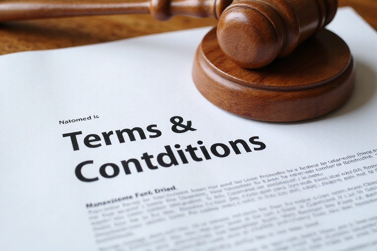 Legal documents with a gavel representing terms and conditions